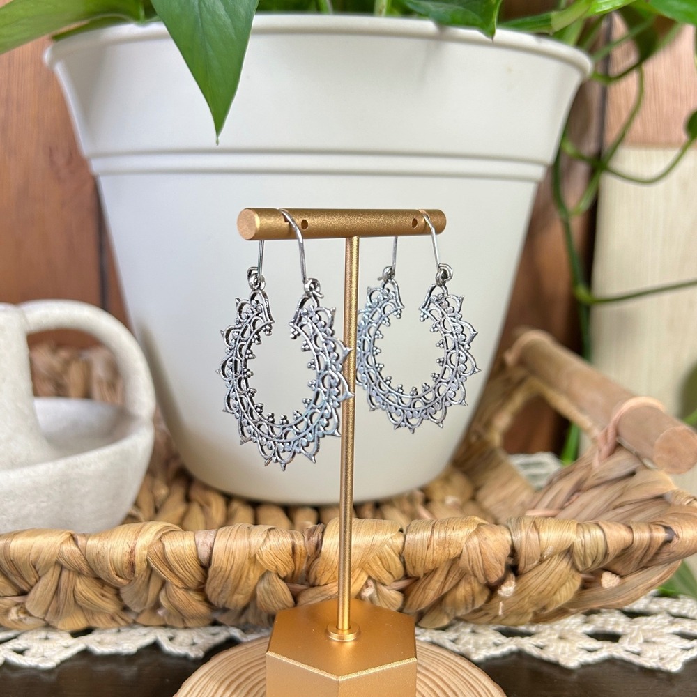 Bohemian Silver Tone Filigree Hoop Earrings Boho Gypsy Festival Jewelry Mandala